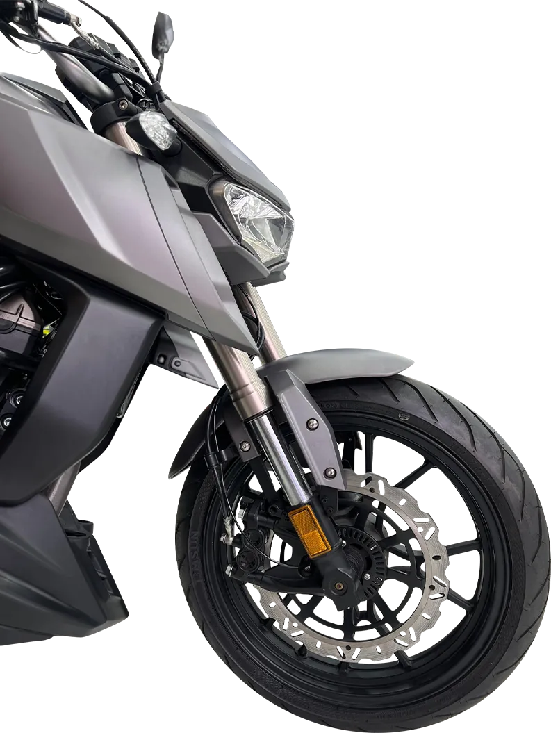 Detalle del tren delantero de una Mundo Moto R3-250